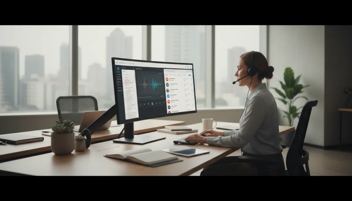 Sales manager reviewing call recordings and CRM data on a monitor