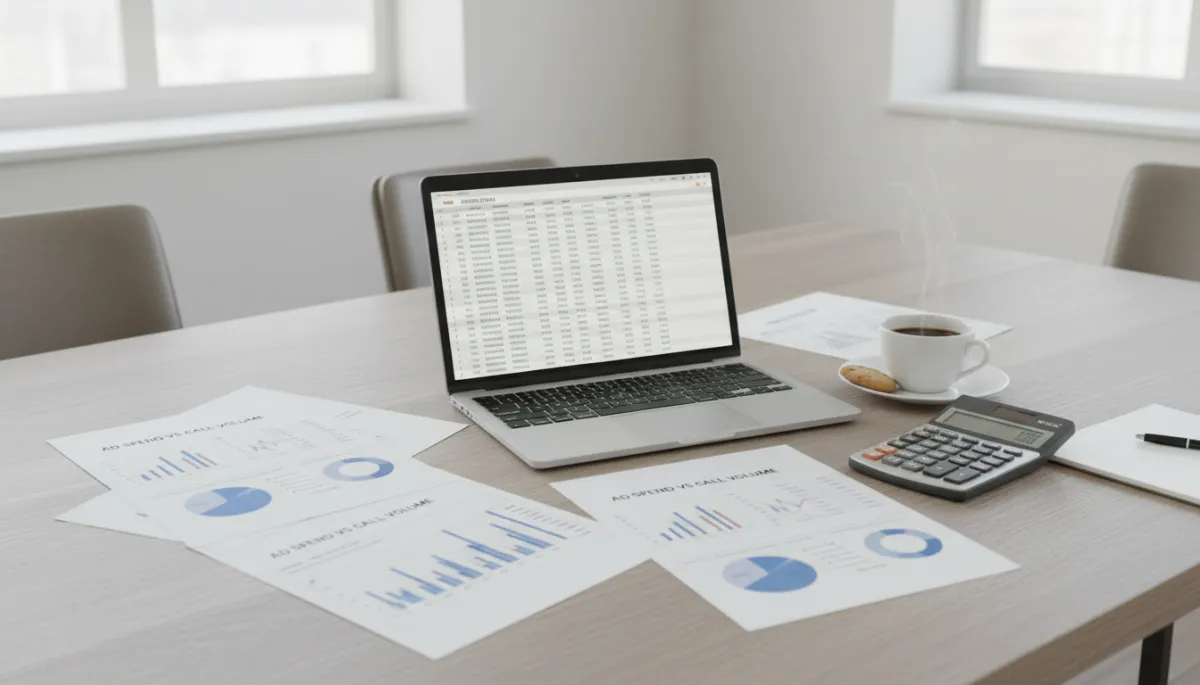 Conference table with marketing reports and call tracking ROI calculations