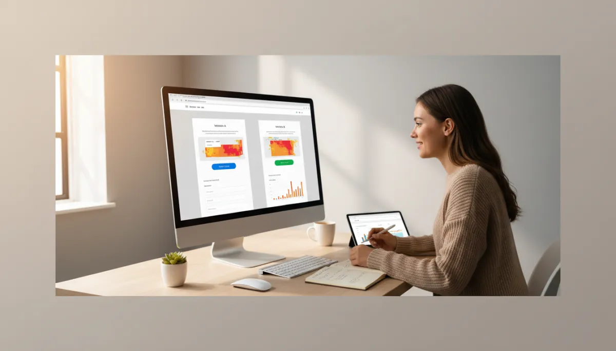 Marketer reviewing A/B test landing page variations with heatmap overlays