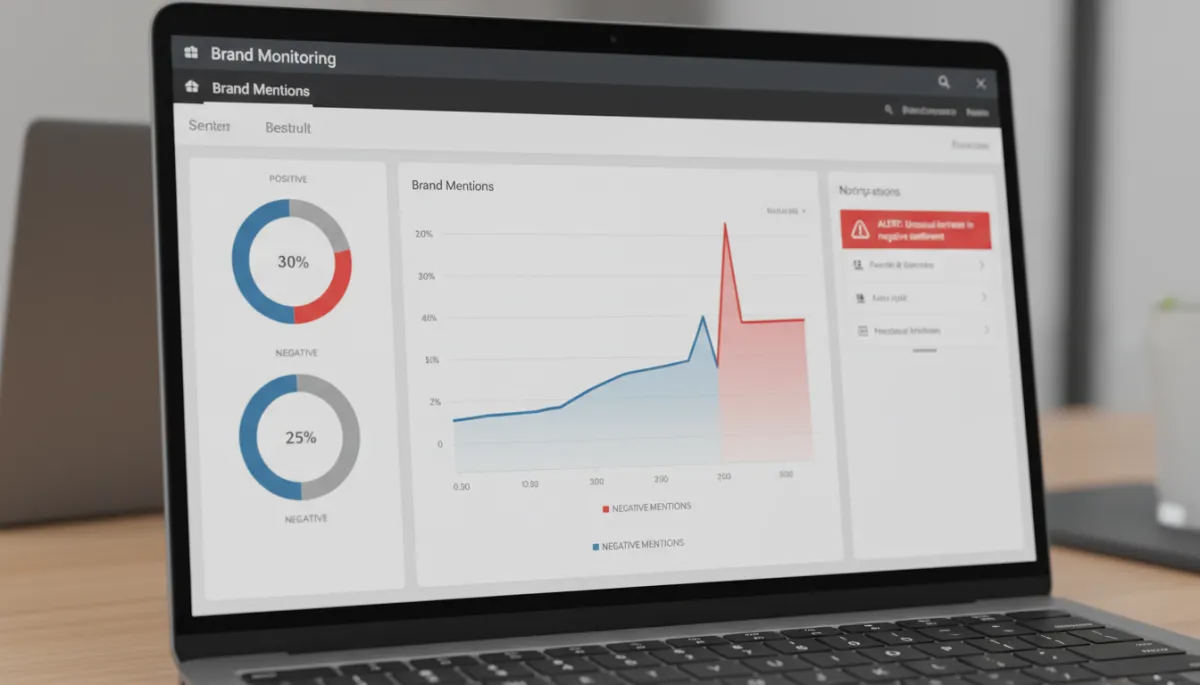 Laptop displaying AI-powered sentiment spike alert for brand mentions