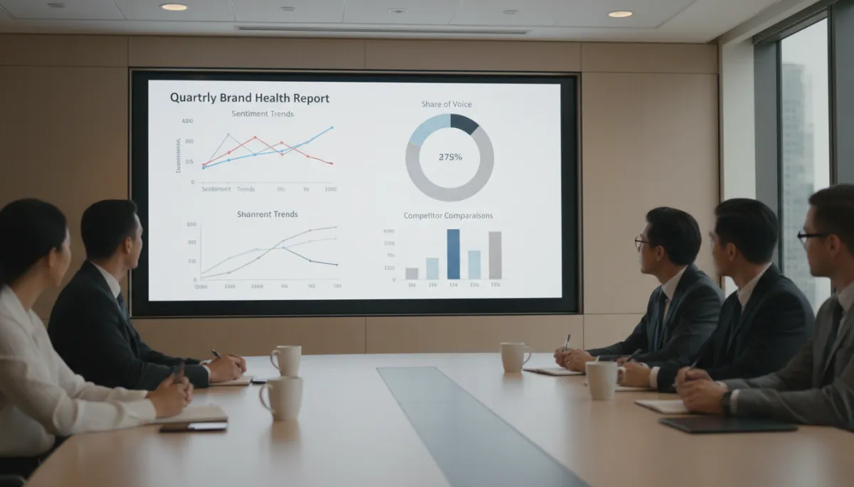 Leadership team reviewing quarterly brand health and sentiment trends