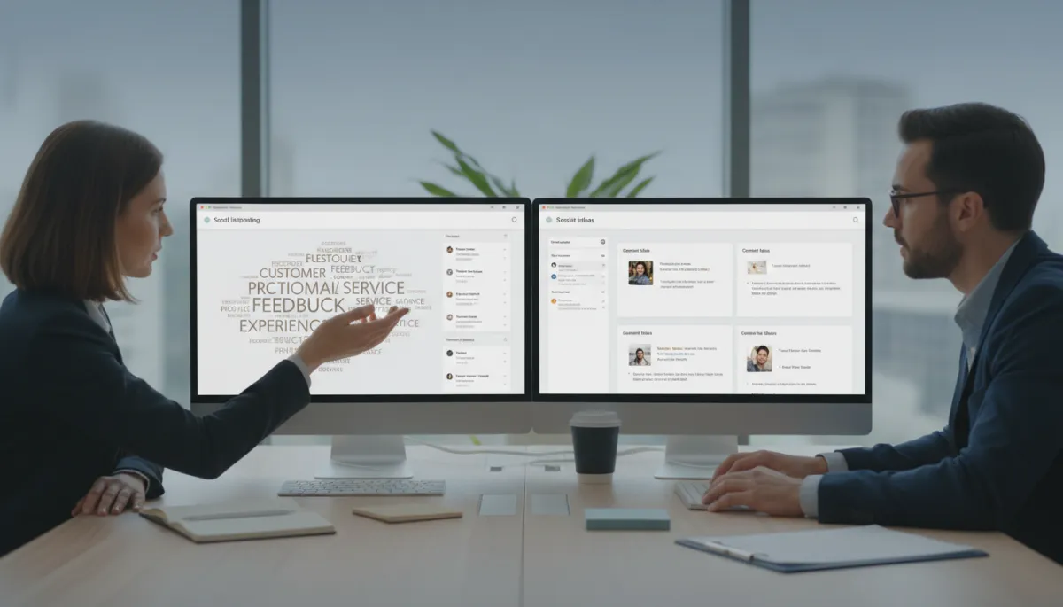 Marketer and developer collaborating using a social listening dashboard
