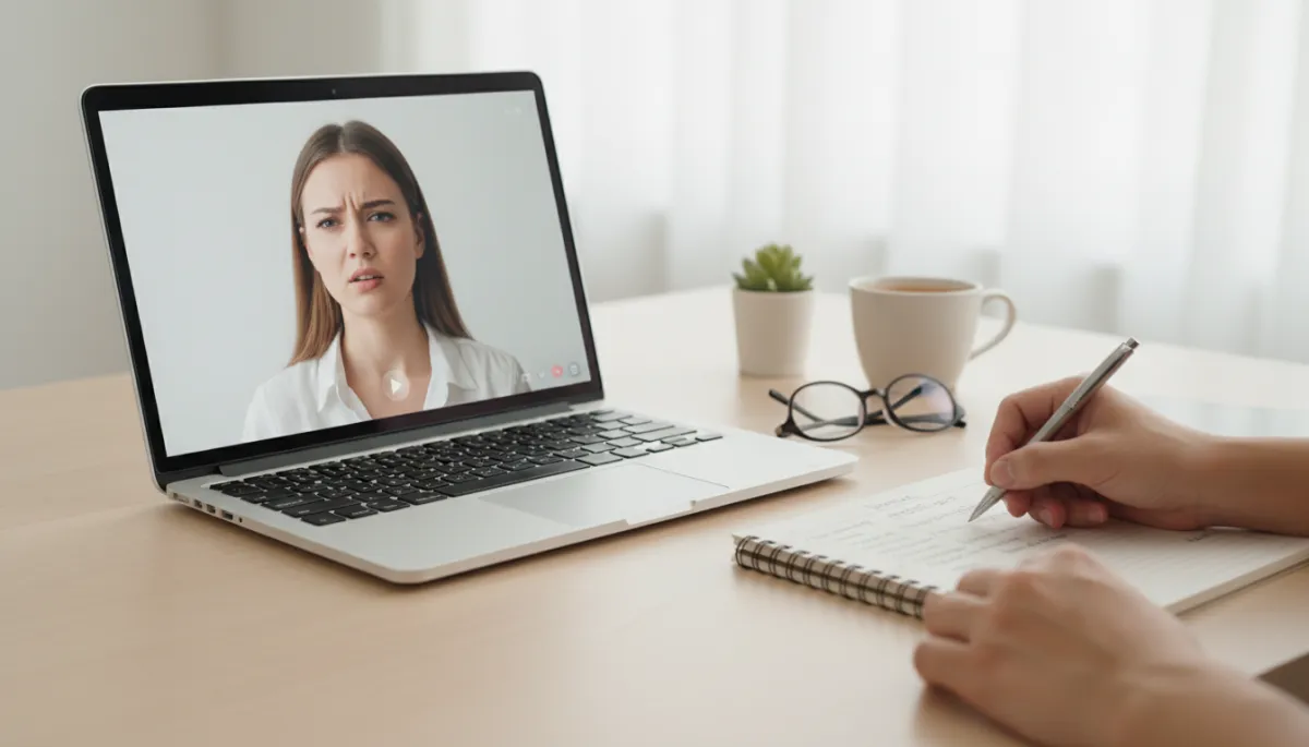 Marketer taking notes while watching a user testing video on a laptop