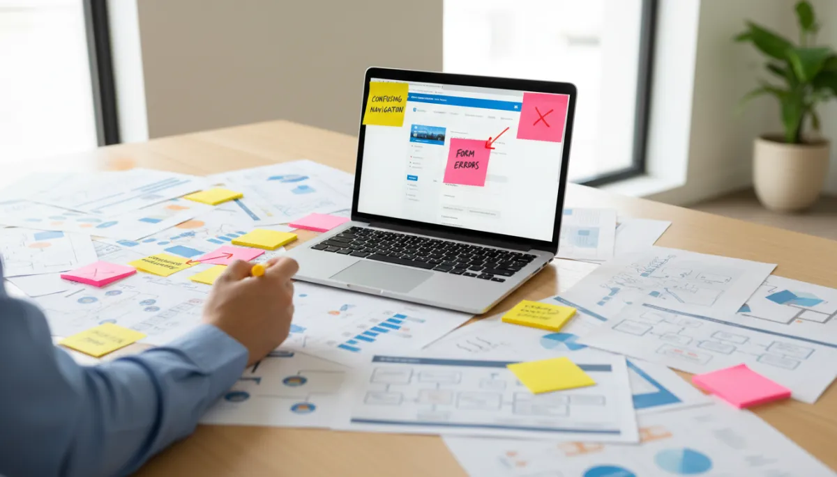 Workspace with UX notes highlighting friction points on a website