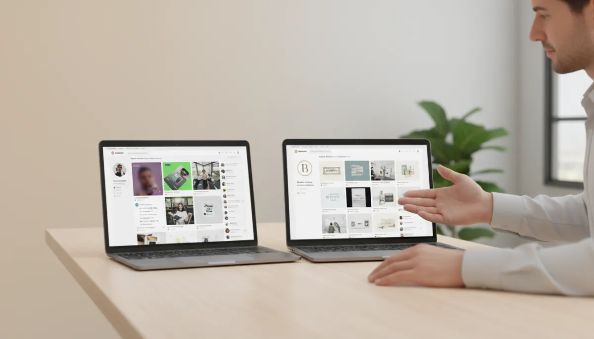 Comparison of unprofessional and professionally optimized social media profiles on two laptop screens