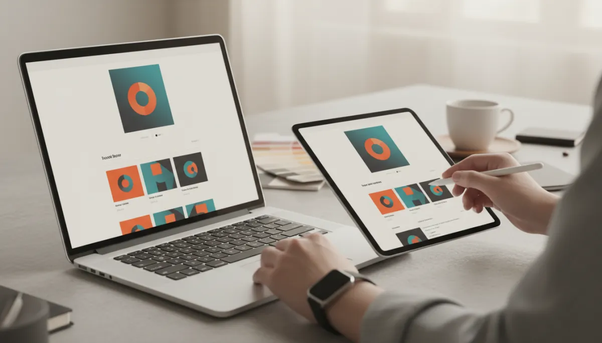 Designer aligning brand visuals and copy across multiple social media profile mockups