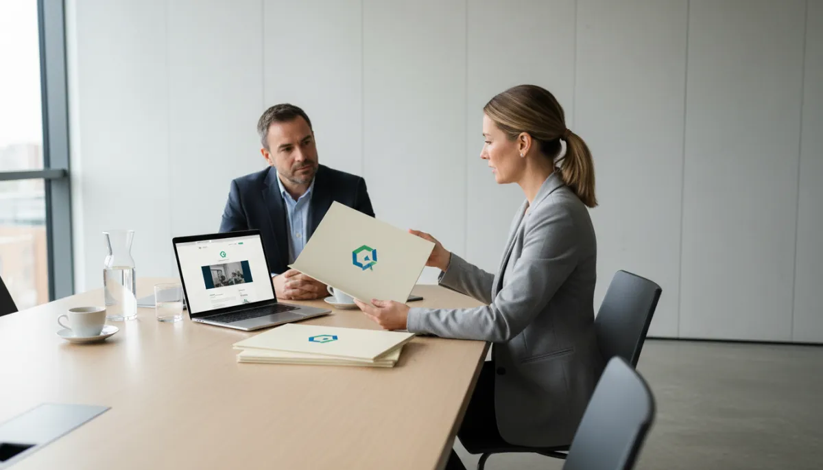 Small business owner presenting professional branded materials and logo to a client