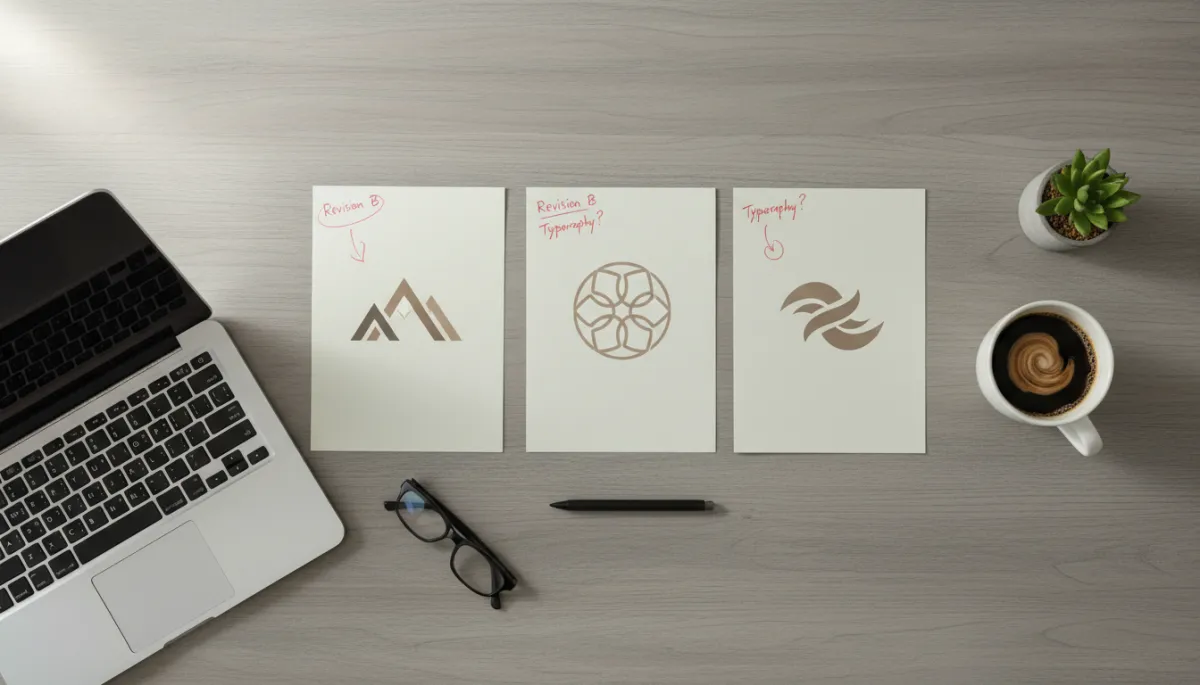 Three printed logo concepts laid out on a desk with notes and feedback