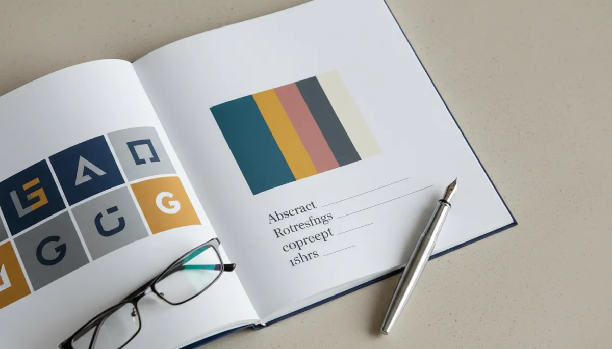 Printed brand guidelines booklet showing professional logo, color palette, and typography