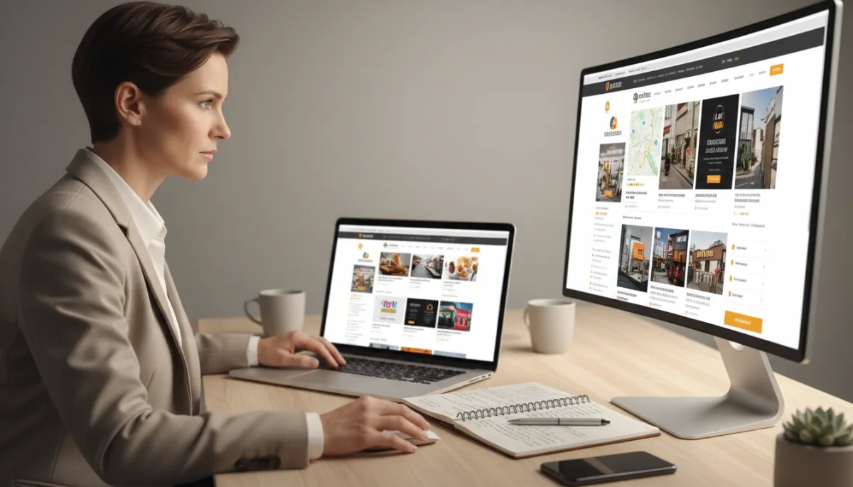 Marketer reviewing and organizing multiple local directory listings on screens