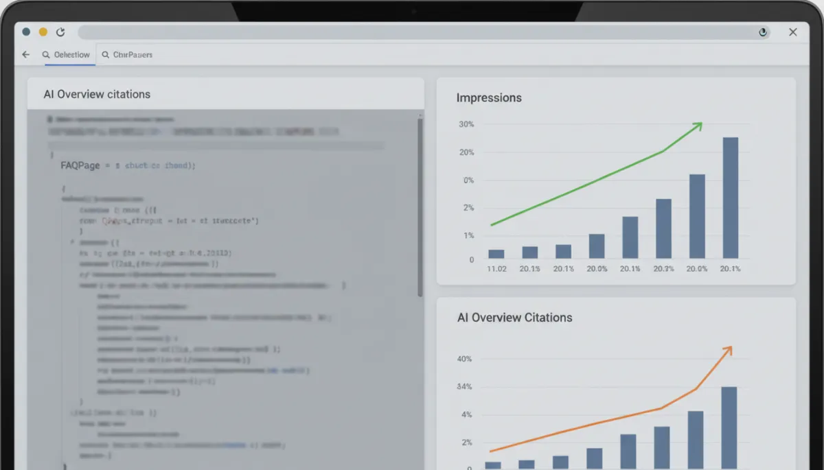 Screen displaying FAQ schema implementation and rising search performance metrics