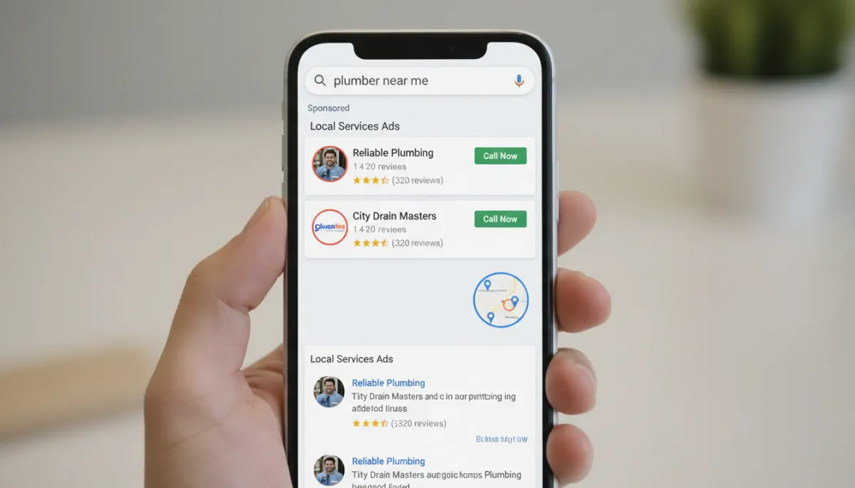 Mobile search results for a local plumber with Local Services Ads at the top