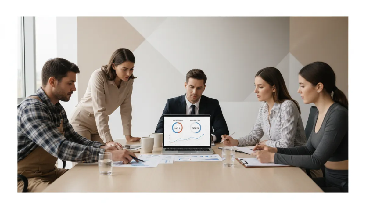 Local service business owners reviewing PPC lead reports with a consultant
