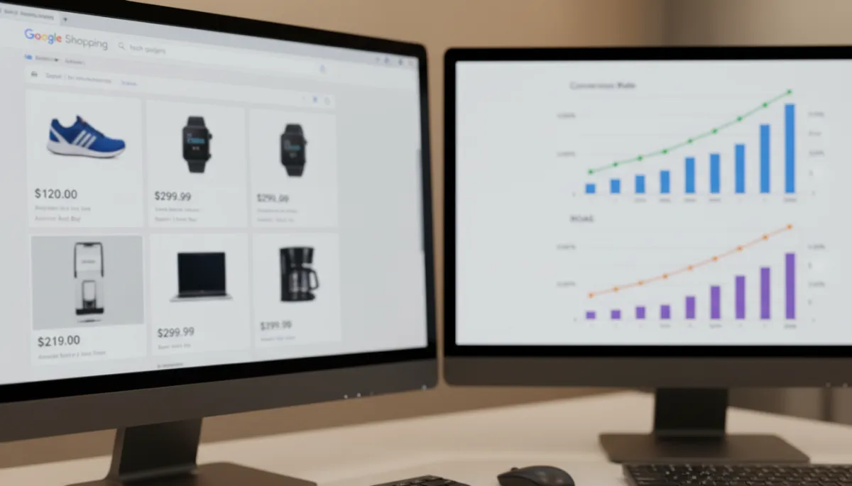 Google Shopping product tiles with visible prices next to performance charts