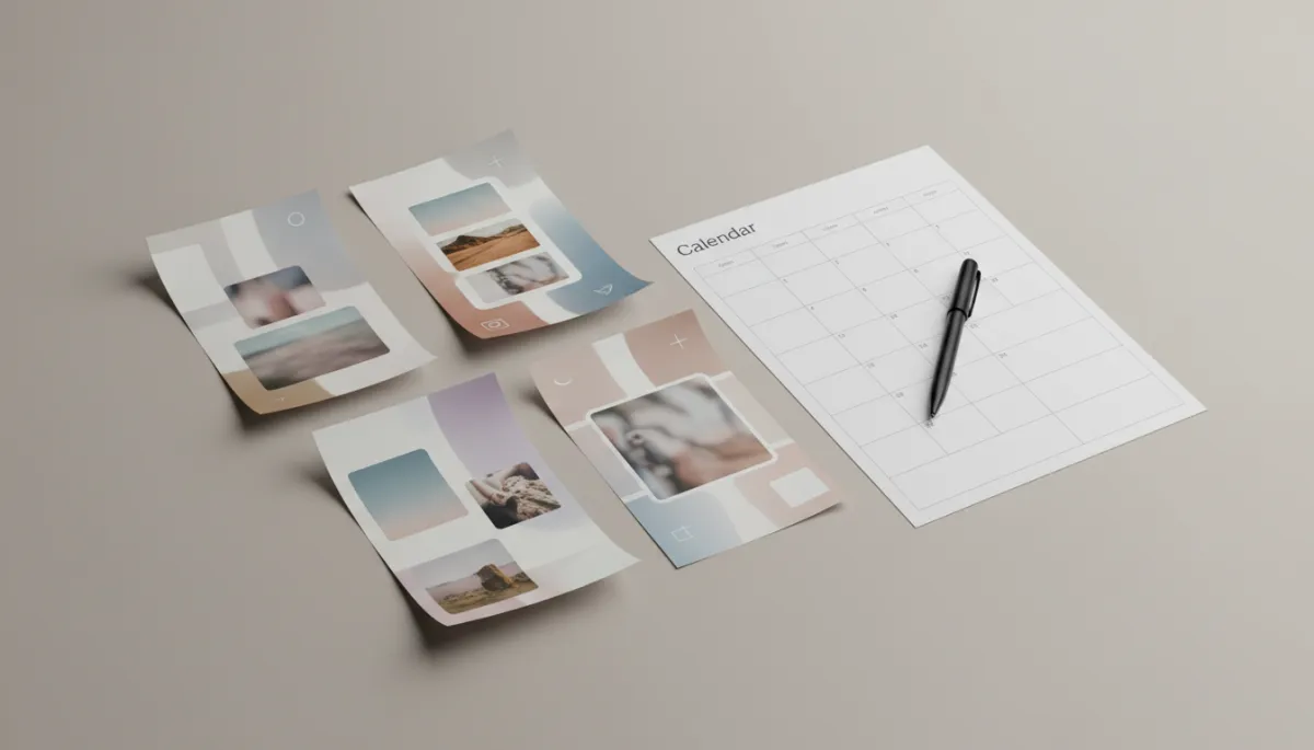 Photorealistic layout of printed social media posts and a content calendar on a neutral table