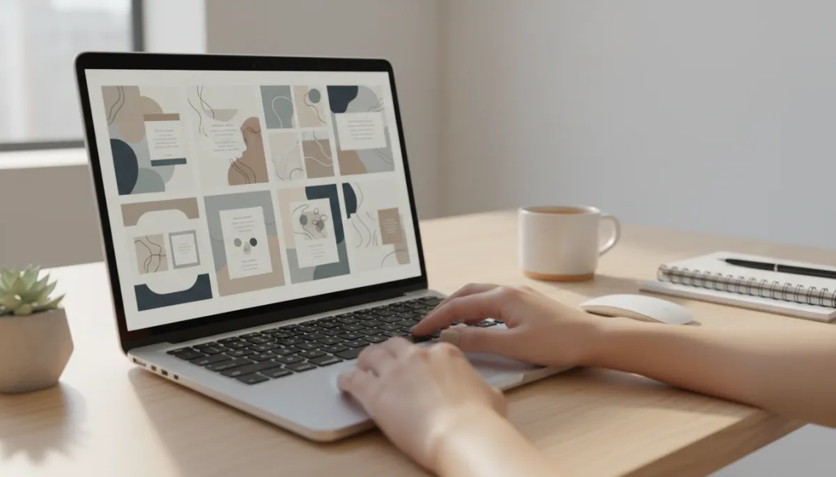 Photorealistic view of a designer creating brand-consistent social media graphics on a laptop