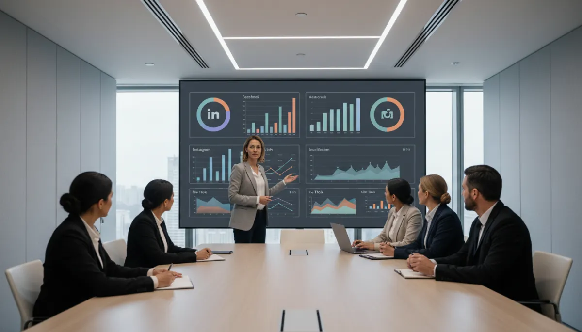 photorealistic neutral-toned modern office boardroom, confident entrepreneur reviewing social media performance dashboards on a large wall screen with graphs for Facebook, Instagram, LinkedIn, TikTok, marketing team seated around table focused and professional