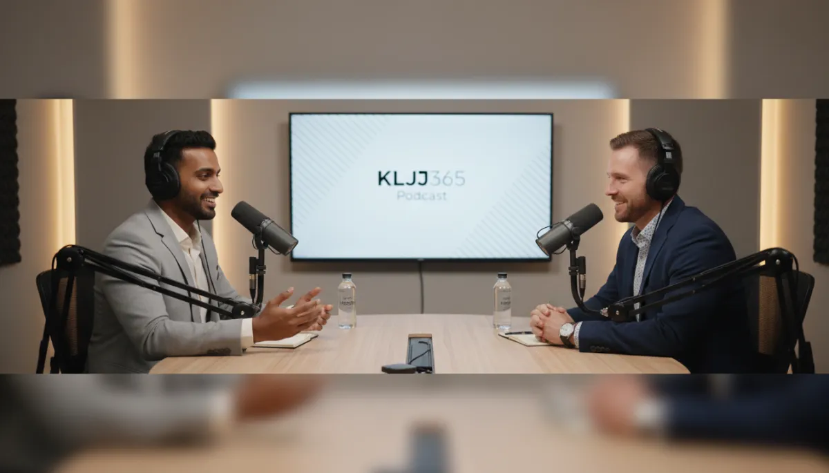 photorealistic neutral-toned podcast studio with professional microphones, headphones, and a confident entrepreneur speaking across the table to a host, soft depth of field, clean modern branding on a screen reading KLJJ365 Podcast