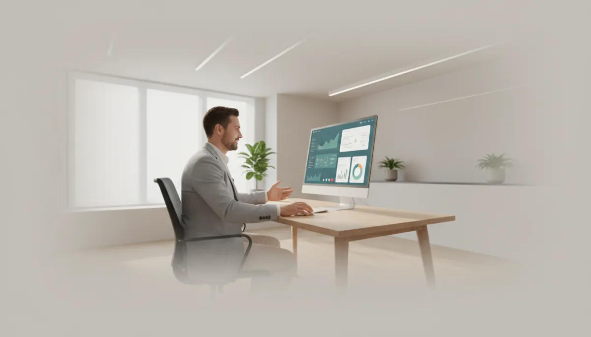 photorealistic neutral-toned modern office, confident male marketing consultant in his 30s sitting at a desk on a video call, large monitor showing analytics dashboards and ad accounts, soft natural light, clean and professional look