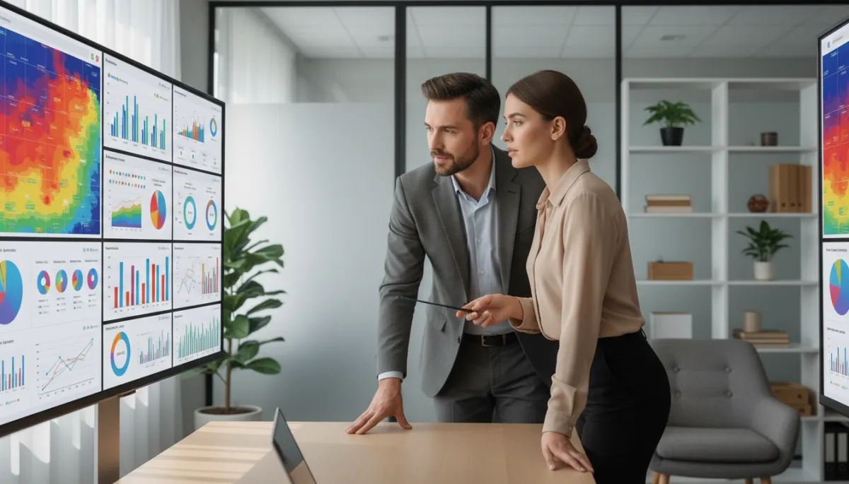photorealistic neutral-toned modern office with a business owner and marketer reviewing a large monitor showing colorful website heatmaps and analytics dashboards, soft natural light, professional corporate setting