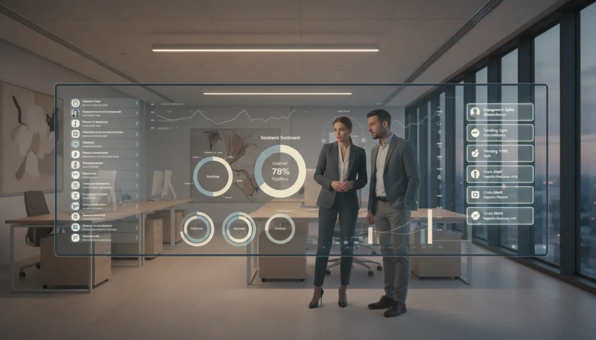 photorealistic neutral-toned modern office with a business owner and marketing manager studying a large monitor showing real-time social media mentions, sentiment charts, and alerts dashboard