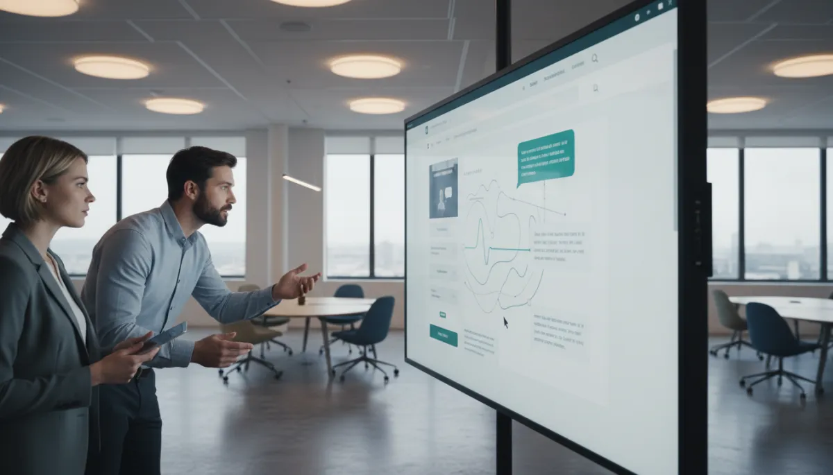 photorealistic professional scene of a business owner and UX specialist watching user testing videos on a large monitor in a modern office, screen shows a website with cursor movements and user comments subtitles, neutral professional color palette
