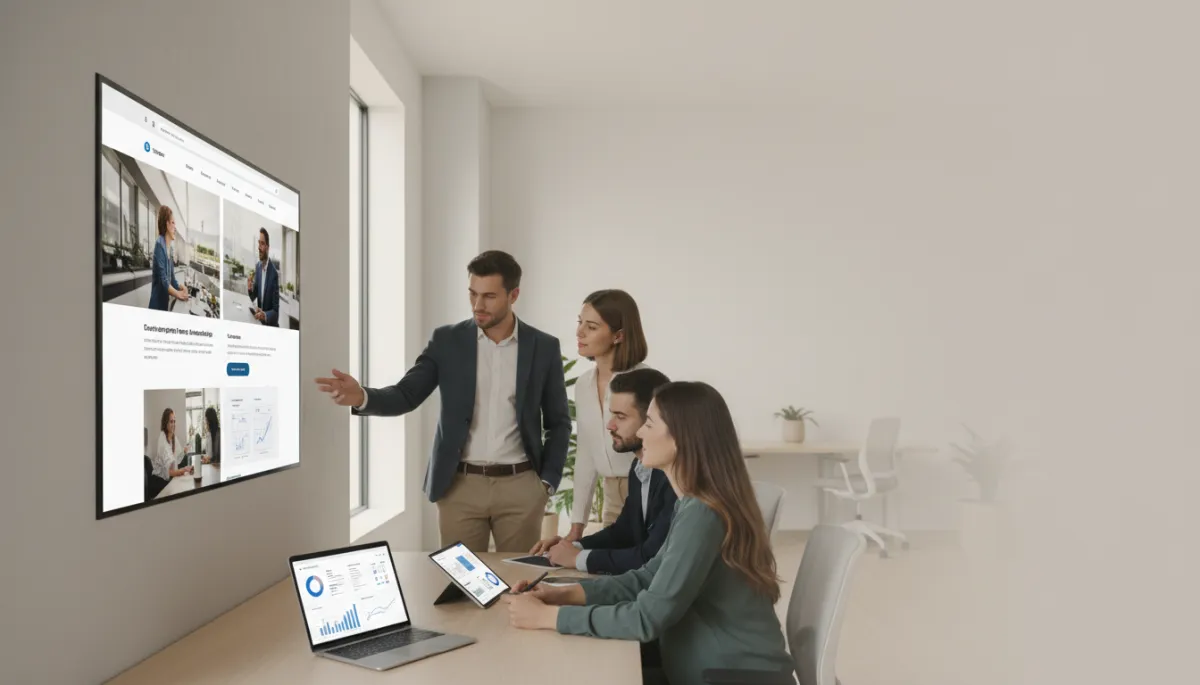 photorealistic neutral-toned modern office with a marketing team reviewing a high-converting landing page on a large screen, clean desktop with laptop showing analytics dashboard, soft natural light, professional atmosphere