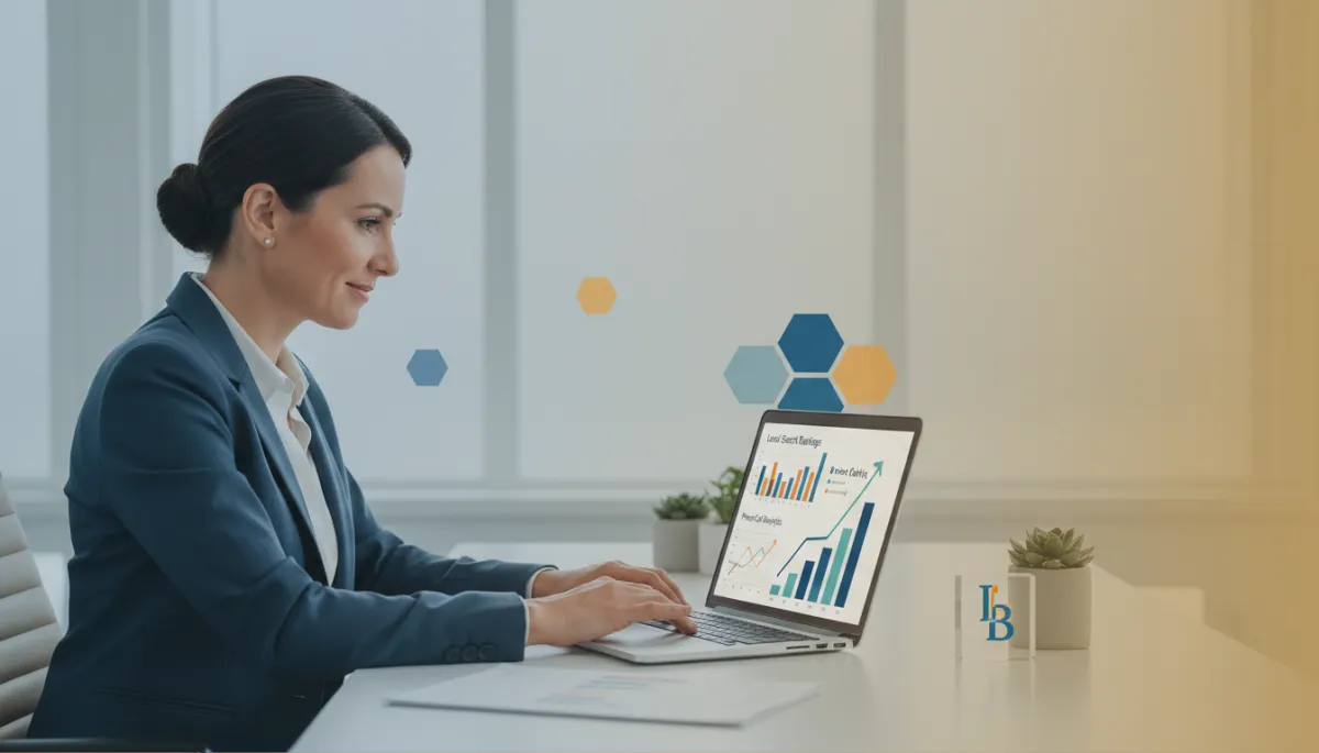 photorealistic professional scene of a local business owner reviewing rising local search rankings and phone call analytics on a laptop in a modern office, subtle brand colors, confident expression, charts trending upward