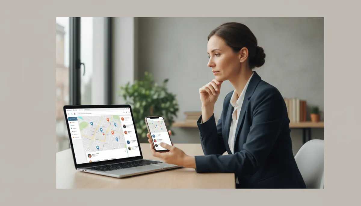 photorealistic neutral-toned scene of a small business owner reviewing local search results on a laptop and smartphone in a modern office, both screens showing map listings and directory logos, soft natural light, professional atmosphere