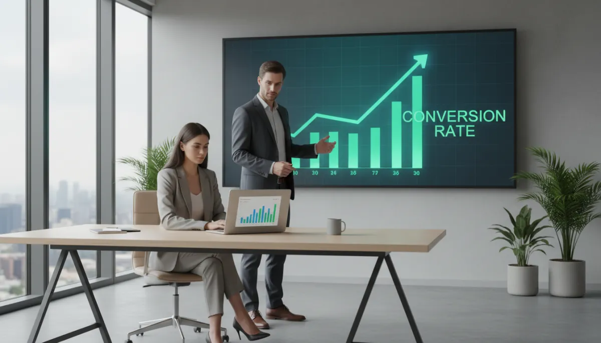 photorealistic professional neutral-toned modern office with a marketing strategist reviewing Google Ads performance charts on a laptop, large screen on wall showing rising conversion graph, focused business owner standing beside