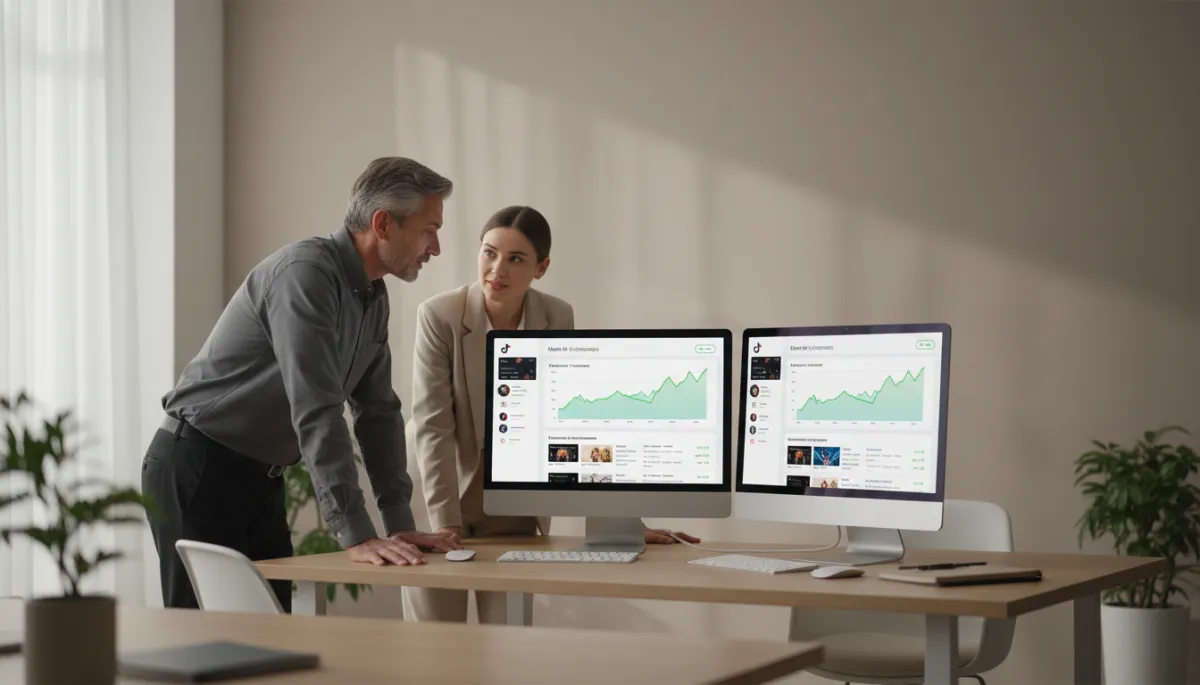 photorealistic professional neutral-toned office with a senior software engineer and marketer reviewing TikTok ad dashboards on dual monitors, charts trending up, TikTok interface visible, subtle depth of field