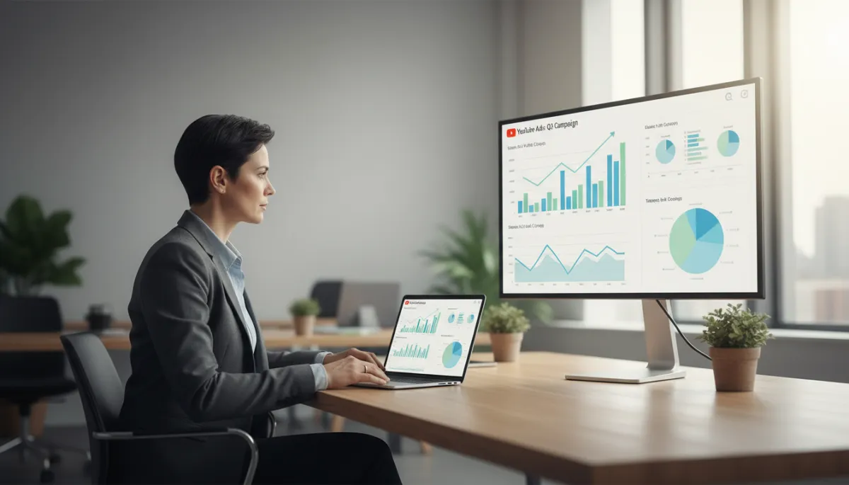 photorealistic professional neutral-color office scene showing a marketing strategist reviewing YouTube ad performance dashboards on a laptop and large monitor, graphs trending upward, calm focused atmosphere