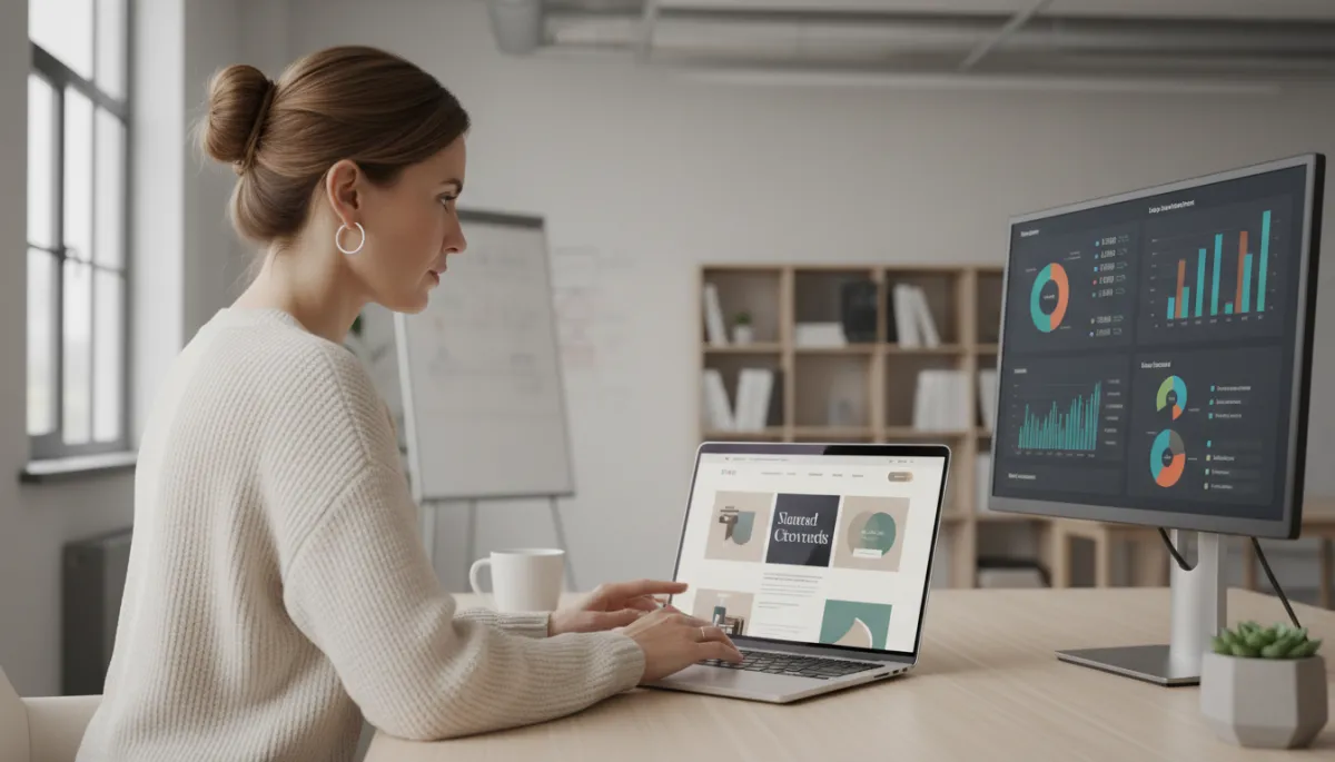 photorealistic neutral-toned modern small business owner reviewing a sleek website design on a laptop with analytics dashboard visible on a second monitor, clean office background, soft natural lighting
