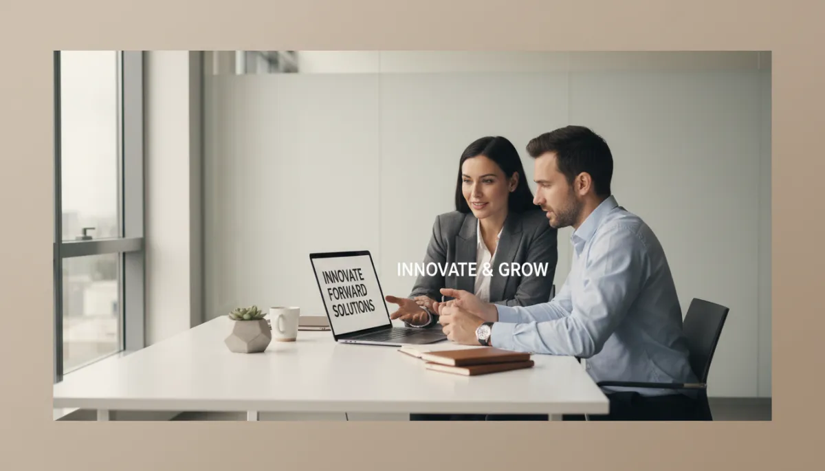 photorealistic neutral-toned modern office with a business owner and a professional writer reviewing website copy on a large laptop screen, clear headlines visible, soft natural light, clean minimalist workspace