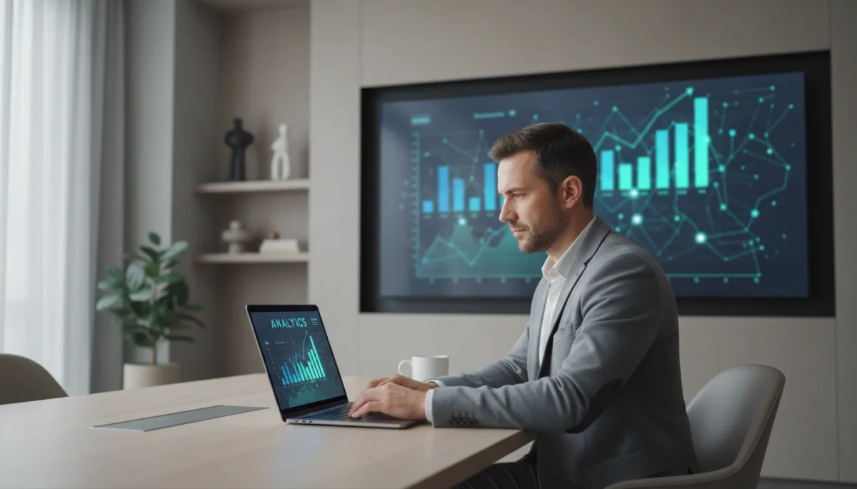 photorealistic neutral-toned modern office with a business owner reviewing analytics on a laptop, large screen showing blog traffic growth charts, subtle depth of field, clean professional lighting