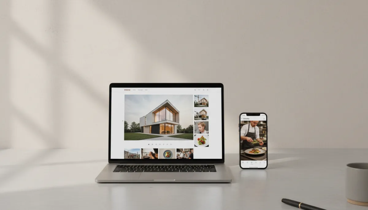 photorealistic neutral-toned laptop and smartphone on a clean desk showing a sleek fast-loading photo gallery of contractor, salon, and restaurant projects with lightbox viewer open