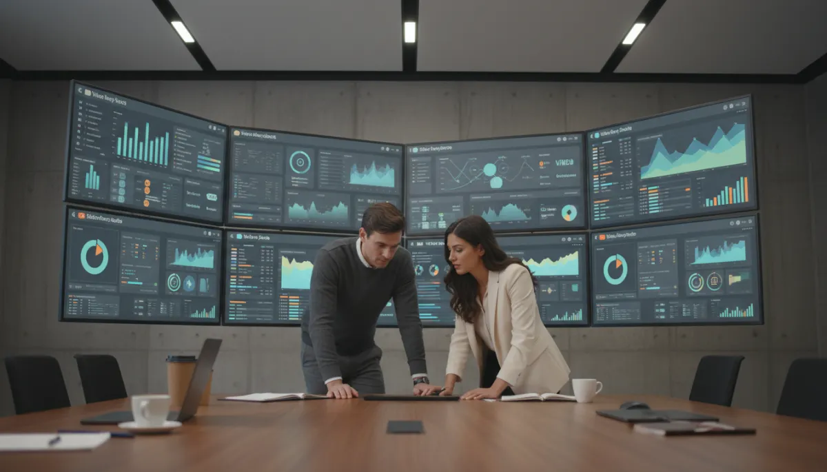 photorealistic neutral-toned modern workspace with multiple large monitors showing dashboards of video analytics across YouTube, Vimeo, SlideShare, DailyMotion, and Scribd, professional marketer and developer collaborating at a desk, subtle depth of field