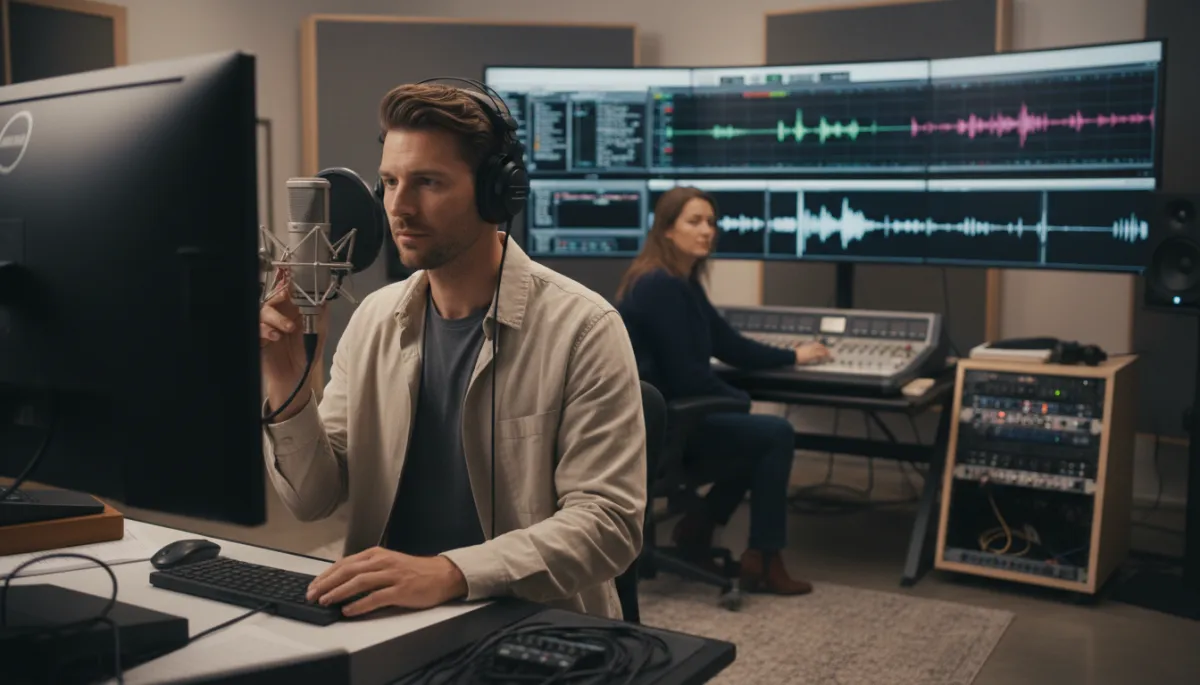photorealistic neutral-toned studio scene with a professional voice actor at a microphone, headphones on, reading from a screen while a producer reviews waveforms on a large monitor, soft side lighting and clean modern equipment