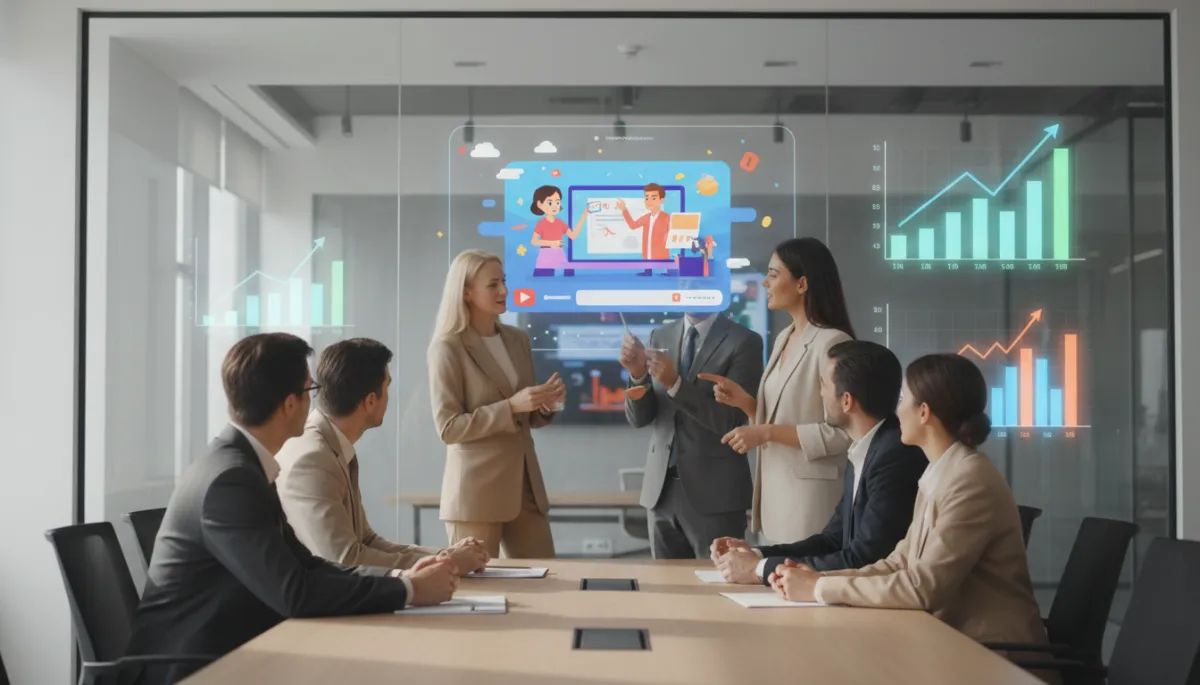 photorealistic neutral-toned modern marketing team in a glass-walled office reviewing an animated video commercial on a large screen, charts showing rising engagement metrics in the background, soft natural light, professional atmosphere