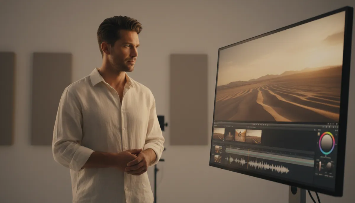 photorealistic neutral-toned studio scene with a creative director reviewing a cinematic brand video on a large monitor, timeline and color grading tools visible, soft key lighting on a stylish entrepreneur watching the screen, subtle depth of field
