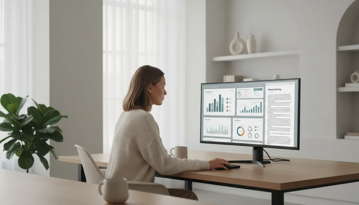 photorealistic neutral-toned modern office with a focused marketing professional reviewing analytics dashboards and long-form articles on a large monitor, soft daylight, clean minimal aesthetic