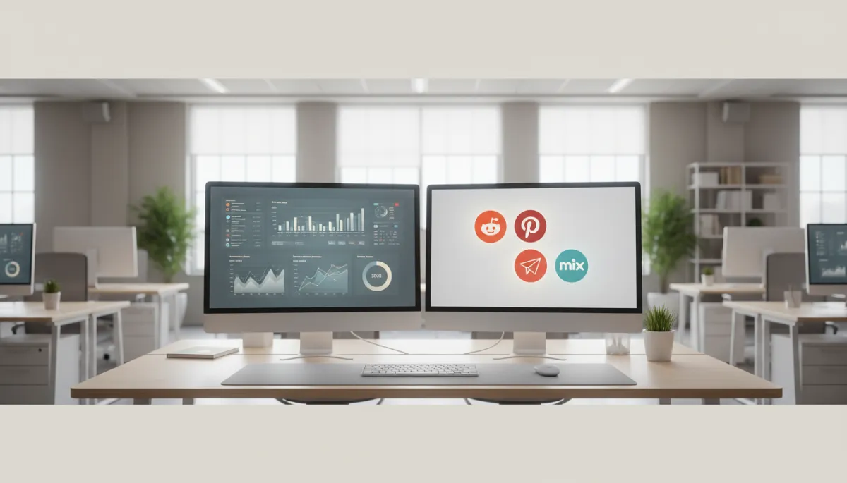 photorealistic neutral-toned modern office with dual monitors showing analytics dashboards and social bookmarking icons like Reddit, Pinterest, Flipboard, Mix; sharp lighting, professional business setting