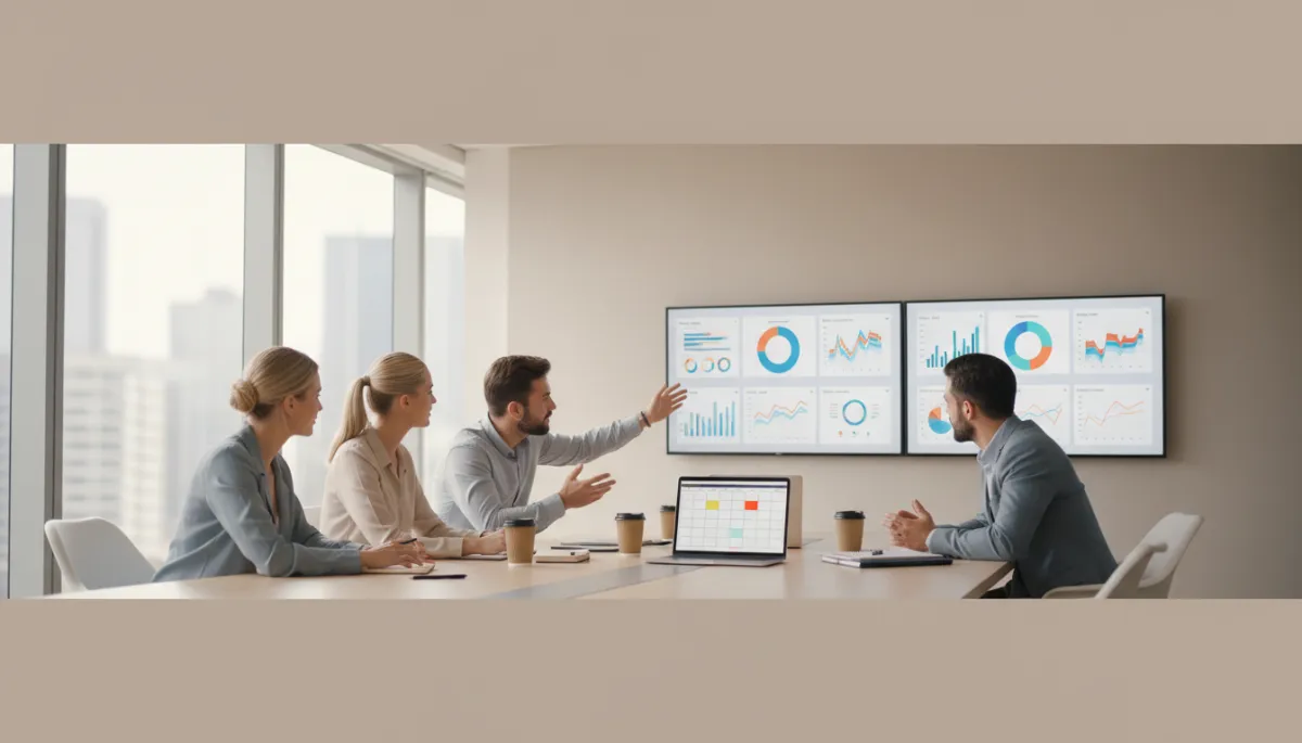 photorealistic neutral-toned modern office with a marketing team reviewing social media analytics on large screens, laptop open to a content calendar, daylight, professional atmosphere