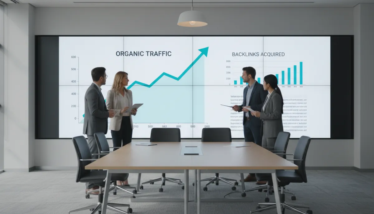 photorealistic neutral-toned modern office boardroom, marketing team reviewing SEO performance charts on a large wall screen, focus on upward-trending organic traffic graph and backlink report, soft natural light, professional corporate setting