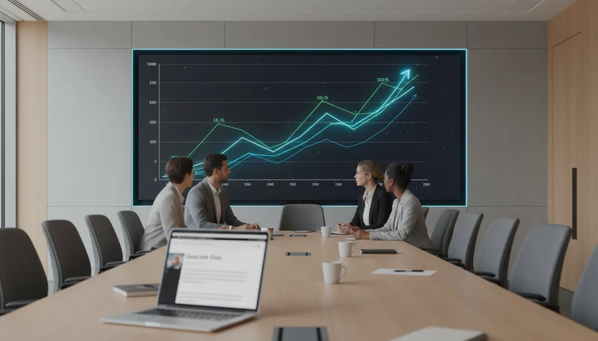 photorealistic neutral-toned modern office boardroom, marketing team reviewing SEO analytics on large wall screen showing upward organic traffic graph, subtle focus on laptop displaying guest post article live on authoritative website