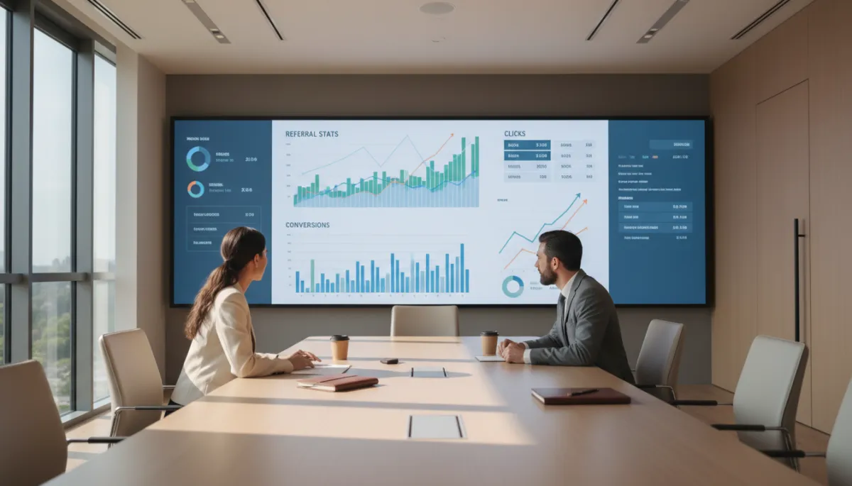 photorealistic neutral-tone modern office boardroom with a business owner and marketing consultant reviewing an affiliate dashboard on a large screen, graphs and referral stats visible, natural light, professional atmosphere