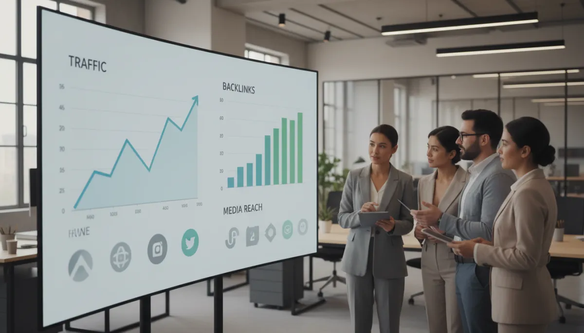 photorealistic neutral-toned corporate marketing team in modern office reviewing a press release performance dashboard on a large screen, showing graphs of traffic, backlinks, and media logos