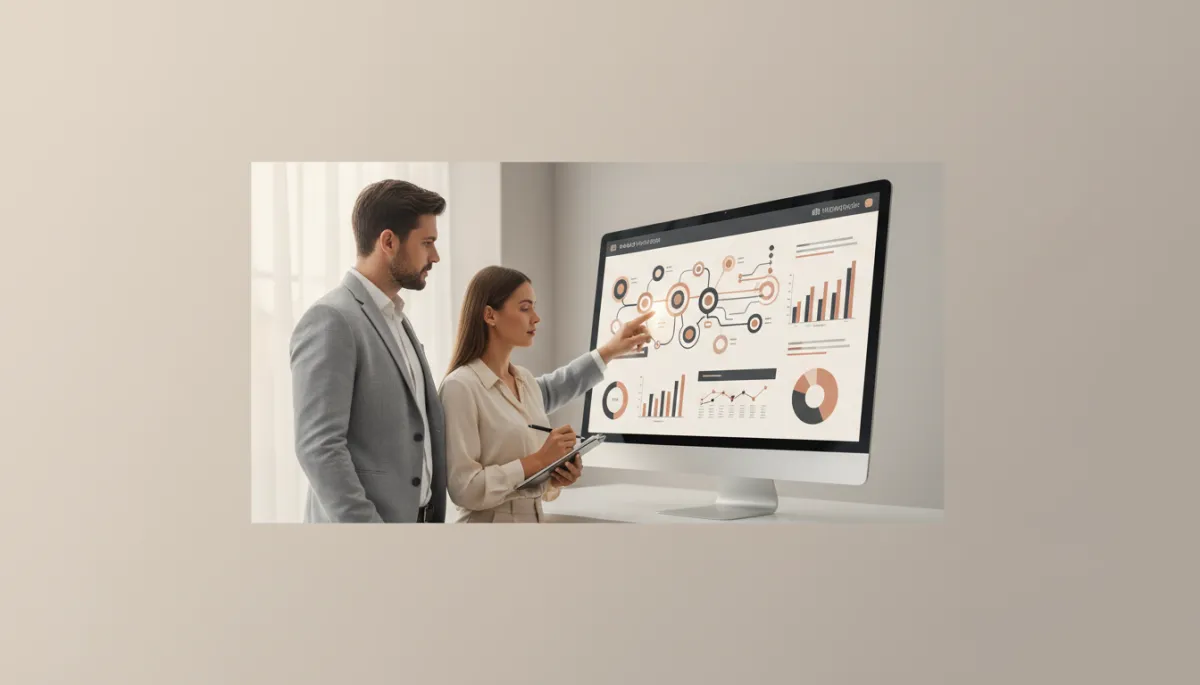 photorealistic neutral-toned modern marketing office, large monitor displaying a detailed brand-consistent infographic, marketer pointing at key data points while another takes notes, soft natural light, clean professional aesthetic
