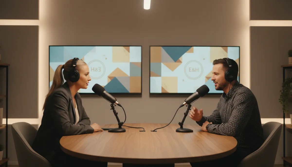 photorealistic neutral-toned podcast studio with a confident entrepreneur wearing headphones, speaking into a professional microphone across from a host, soft studio lighting, subtle branding screens in background