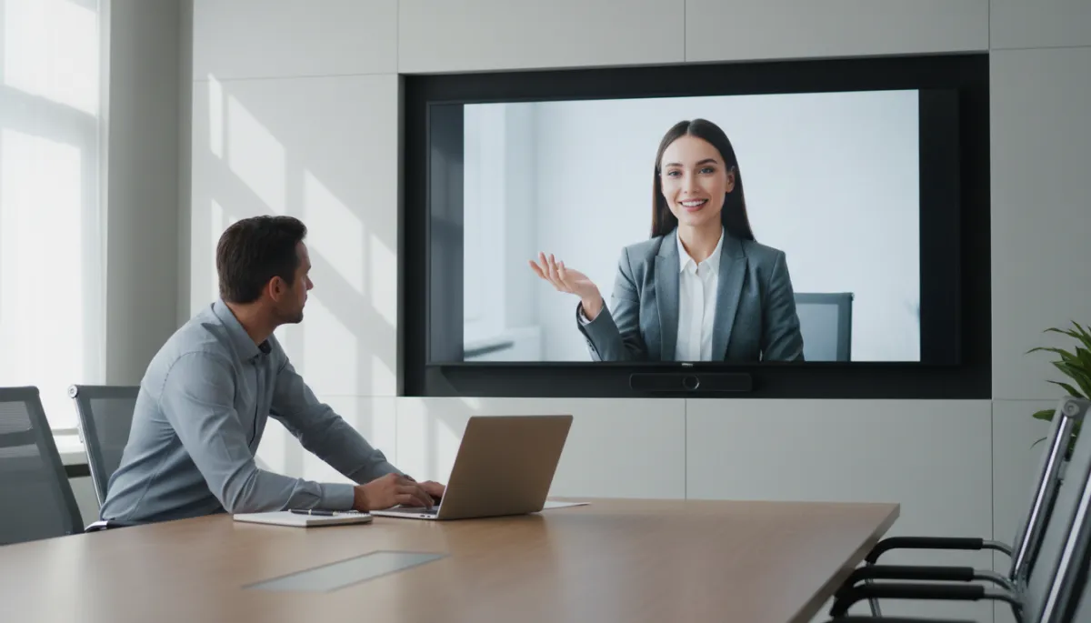 photorealistic neutral-toned modern office boardroom, confident marketing consultant on video call displayed on large wall-mounted screen, business owner with laptop and notepad leaning forward attentively, soft natural light, clean professional look